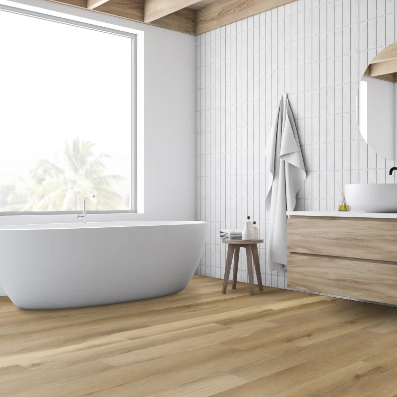 Lasting Luxury -SPC Bridge Hickory LVP floors in modern bathroom